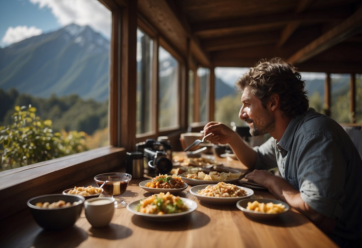 A person sits at a table, eating small meals. A camera and photography equipment are scattered around, with mountains visible through a nearby window