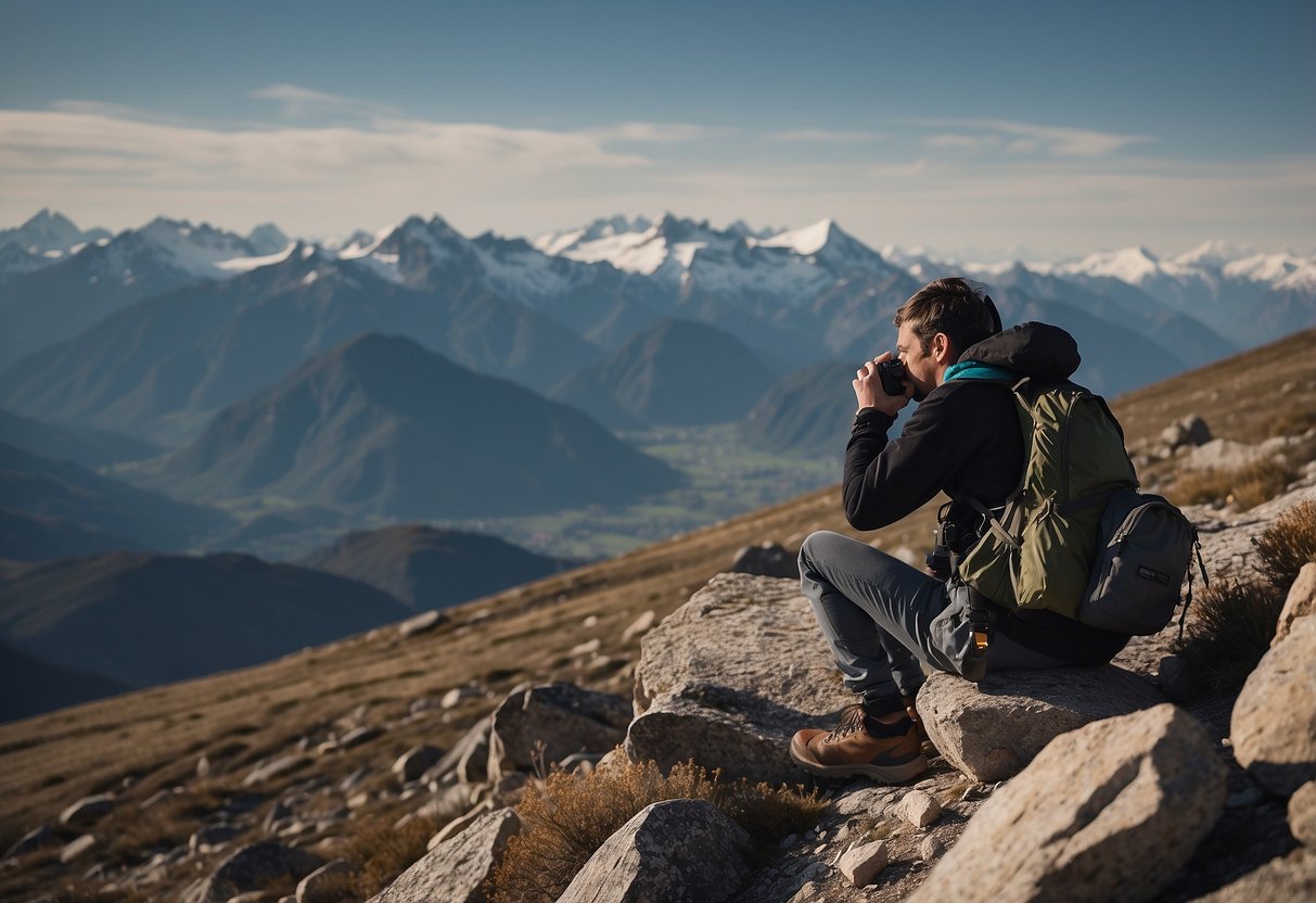 A photographer struggles to breathe at high altitude, holding their head in discomfort. Nearby, a water bottle and medication sit on a rock. The landscape is steep and rugged, with snow-capped peaks in the distance