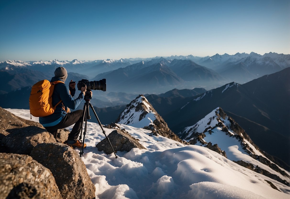 A photographer setting up equipment on a mountain peak, surrounded by snow-capped peaks and a clear blue sky, with a camera and tripod in the foreground