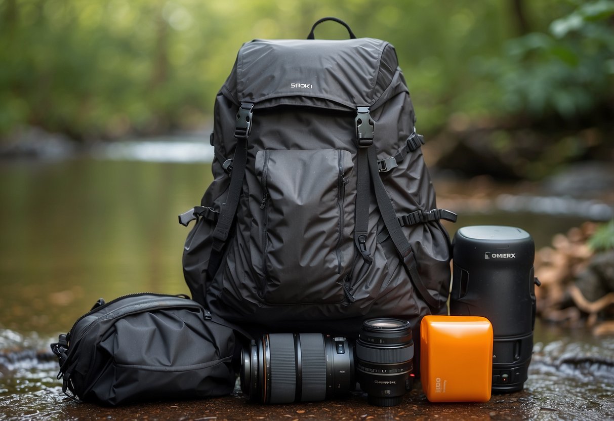 A photographer's backpack with lightweight rain gear: waterproof camera cover, compact umbrella, quick-drying jacket, and waterproof pants