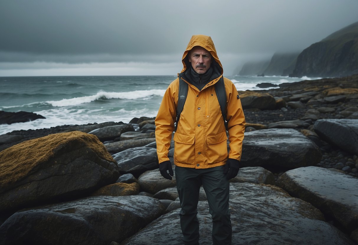 A photographer wearing Fjällräven High Coast Hydratic Jacket stands on a rocky shore, capturing the dramatic coastline in the rain