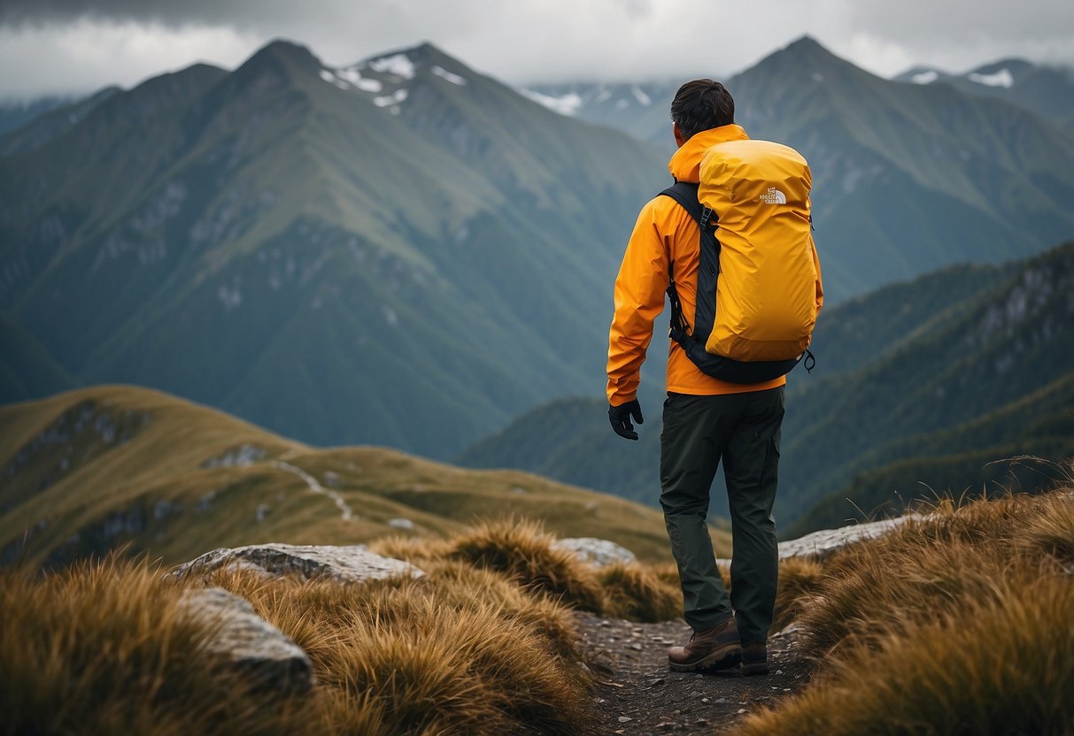 A hiker wears a North Face Venture 2 Jacket while photographing a mountain landscape in light rain. The lightweight rain gear is essential for outdoor photography