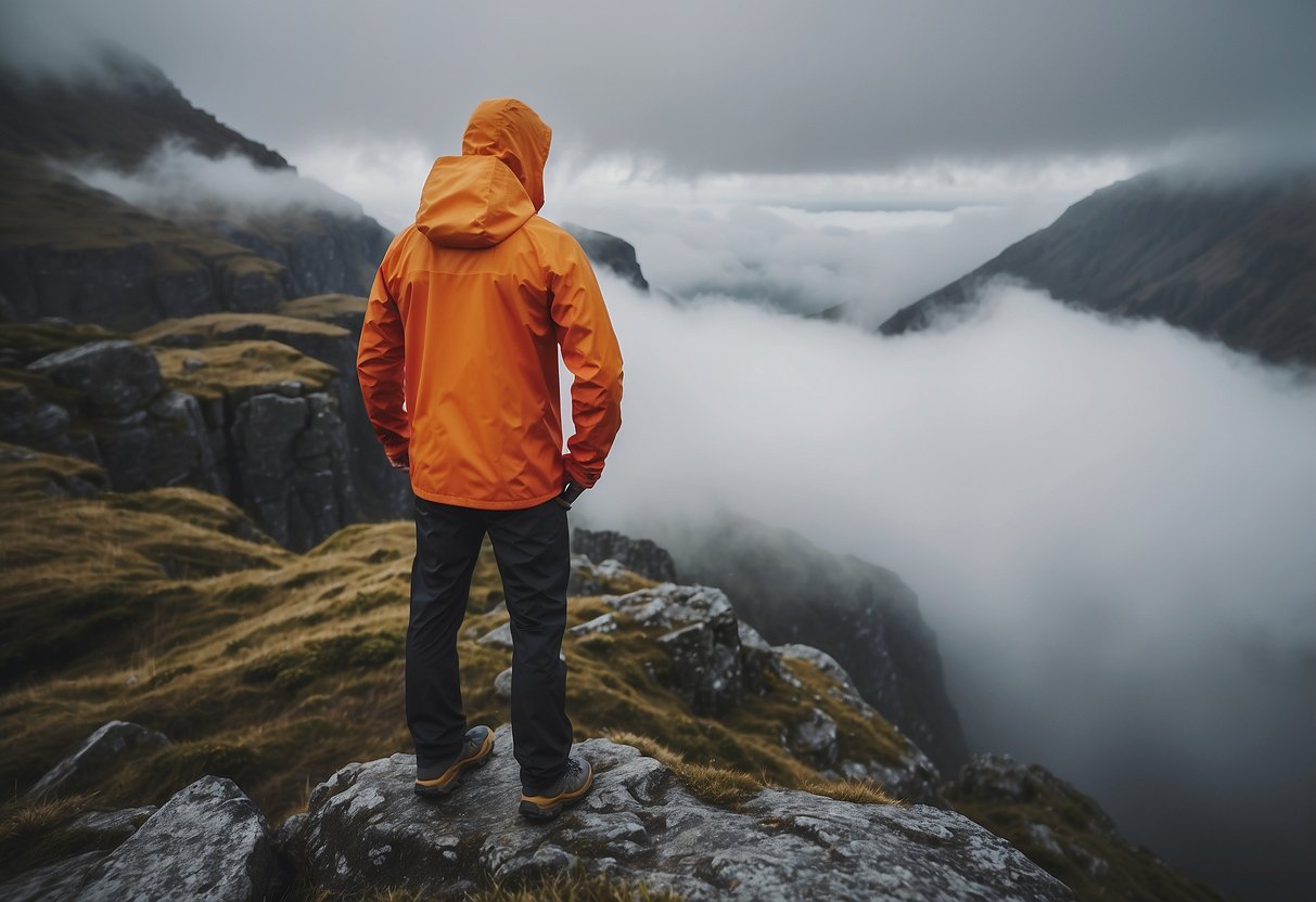 A figure stands on a rocky cliff, wearing an Arc'teryx Norvan SL Hoody, surrounded by mist and rain. The lightweight rain gear protects against the elements while allowing for freedom of movement