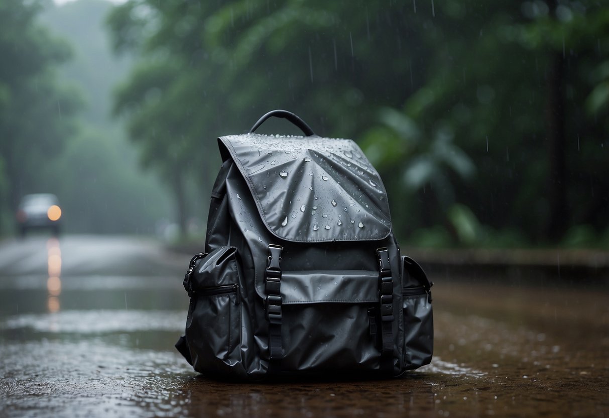 A photographer's backpack open, revealing lightweight rain gear. Raindrops fall on a nearby umbrella, while a camera is protected by a rain cover