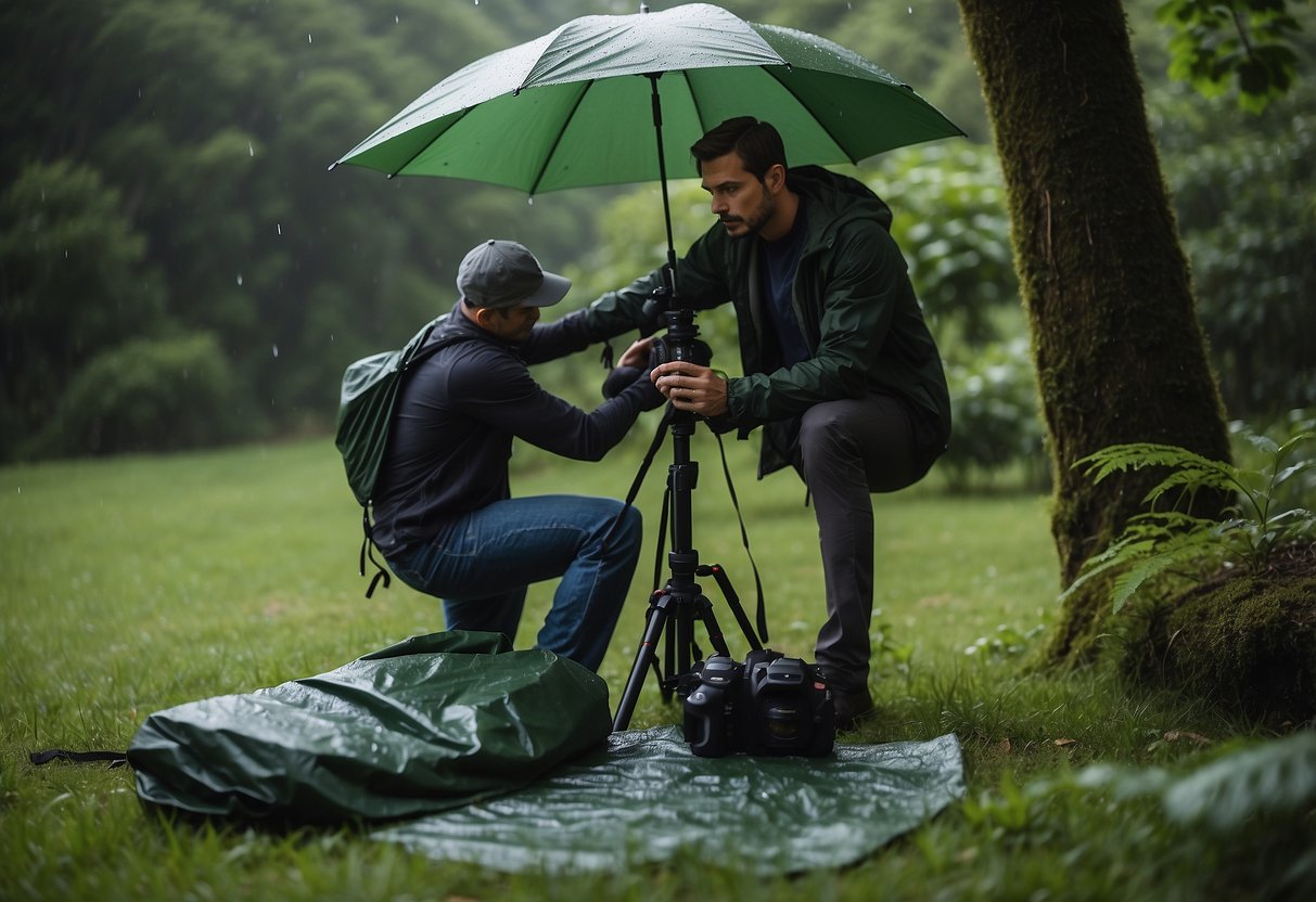 A photographer setting up a lightweight rain gear with waterproof camera cover, quick-drying jacket, and compact umbrella in a lush, green outdoor setting