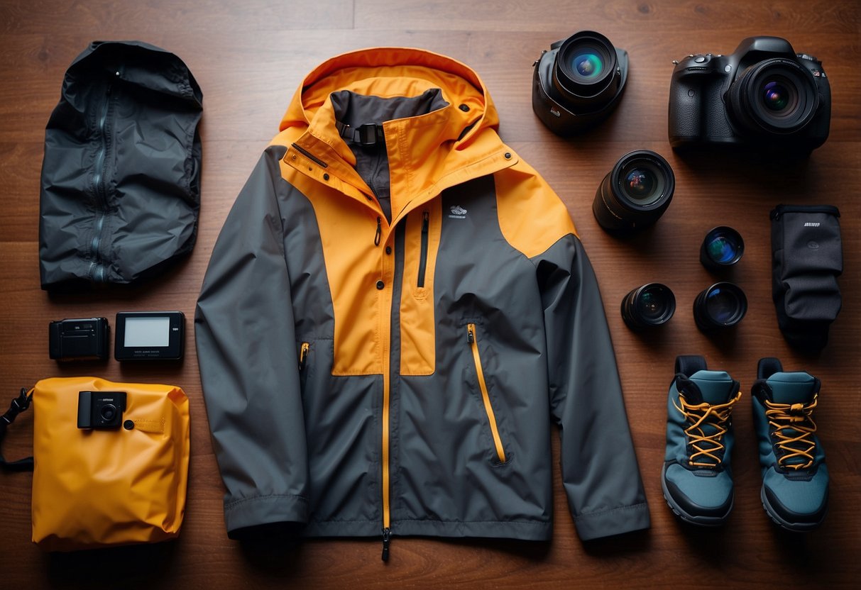 A photographer's rain gear laid out neatly on a table, including a lightweight waterproof jacket, pants, waterproof camera cover, and a compact umbrella