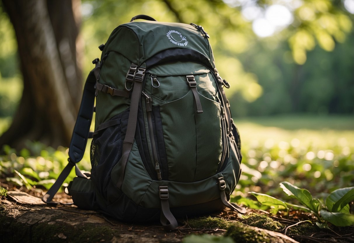 A hiker's backpack, the Osprey Daylite Plus, sits against a tree, filled with camera gear and a tripod. The sunlight filters through the leaves, casting dappled shadows on the pack