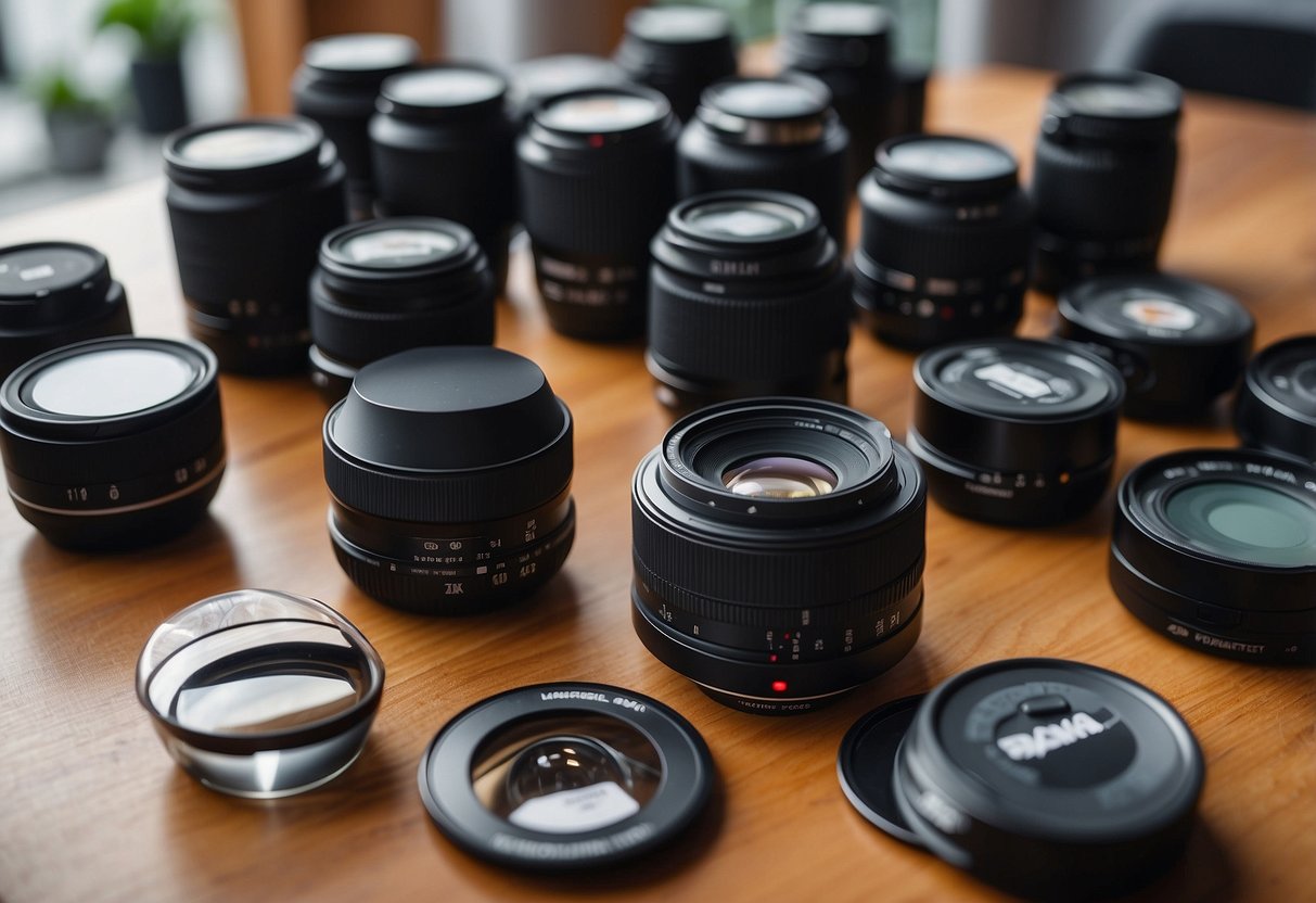 A table with 10 different lightweight photography packs arranged neatly. Each pack is labeled with its name and features