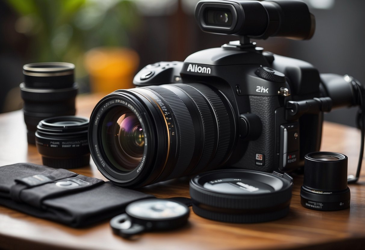 A table with 10 lightweight photography packs arranged neatly, surrounded by camera equipment and accessories