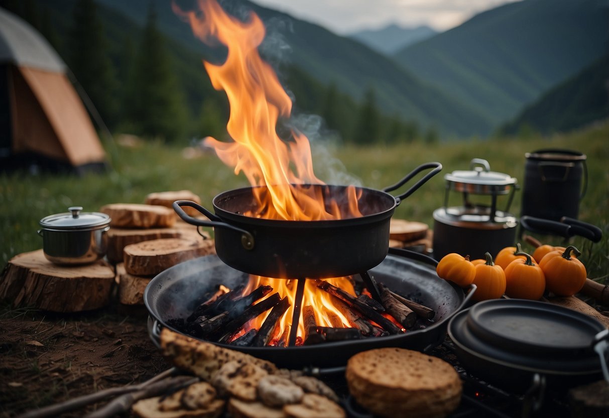 A campfire with a pot hanging over it, surrounded by various cooking utensils and ingredients. A camera and tripod set up nearby, with a picturesque landscape in the background