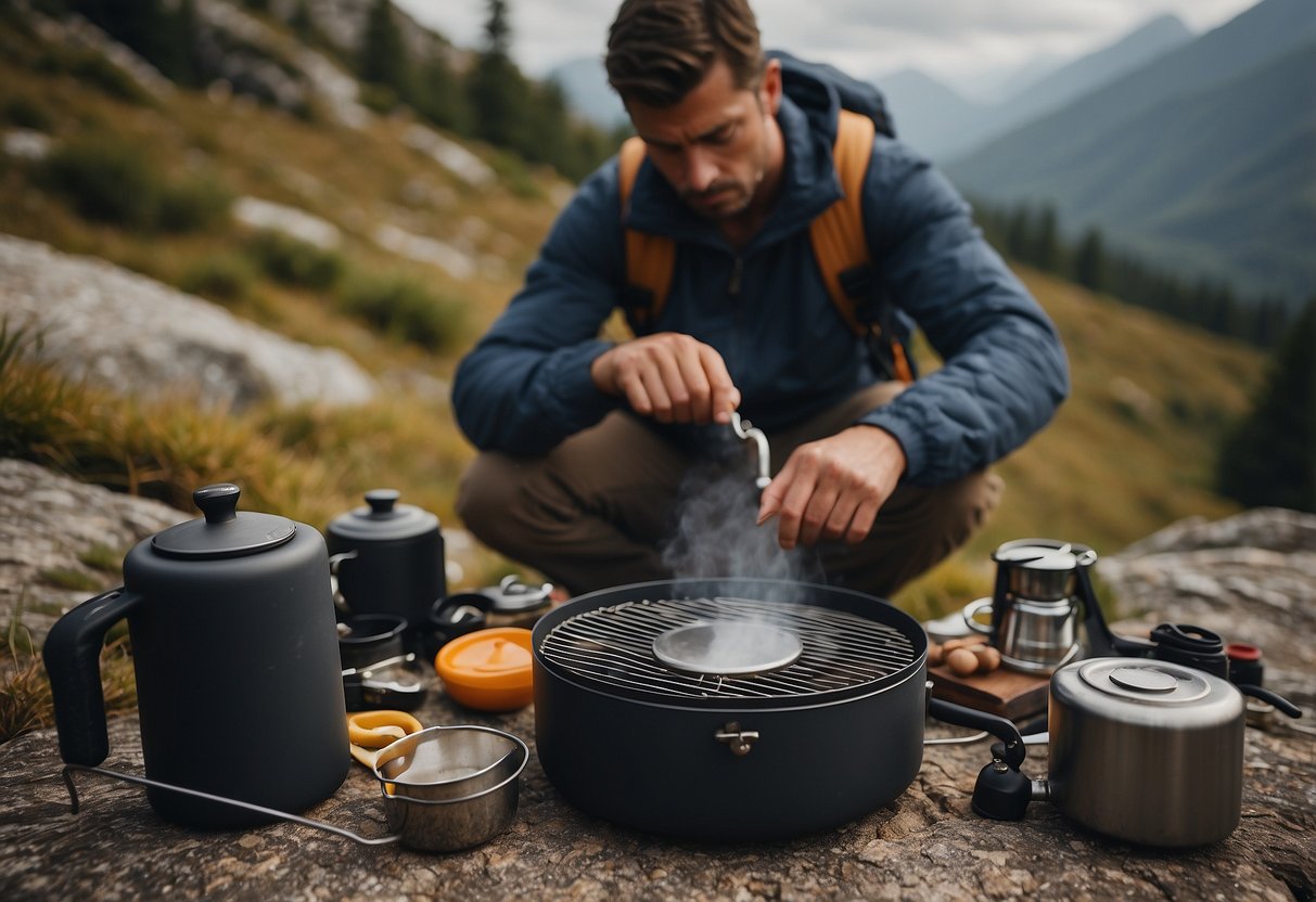 A hiker sets up a portable stove on a rocky trail, surrounded by trees and a distant mountain. Cooking utensils and ingredients are laid out nearby