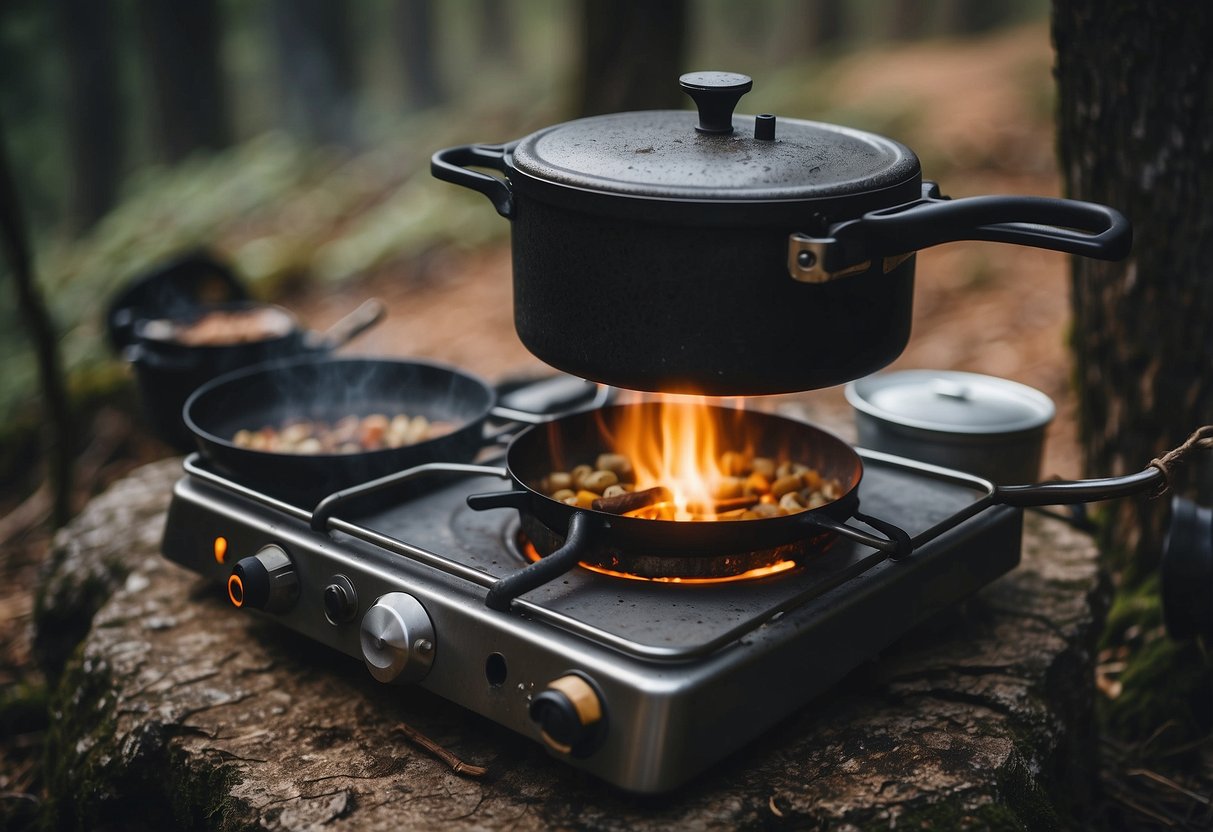 A camp stove sits on a flat rock, surrounded by scattered cooking utensils and a small pot with steam rising from it. Nearby, a food bag is hung from a tree branch to deter wildlife