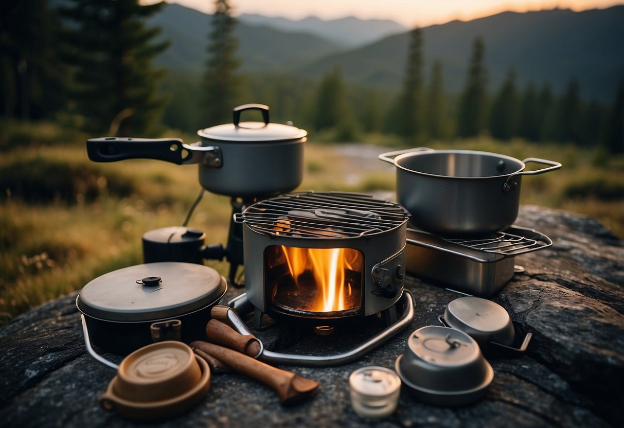 A camp stove sits on a flat rock, surrounded by a mess kit, fuel canister, and cooking utensils. In the background, a tent is pitched in a scenic wilderness setting