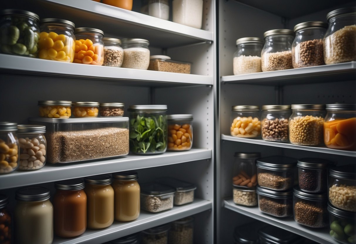 Food stored in airtight containers on a clean, well-lit shelf. A refrigerator with neatly organized produce and labeled containers. A pantry with clear jars and labeled bins. A freezer with neatly stacked bags and containers. Airtight bags and containers