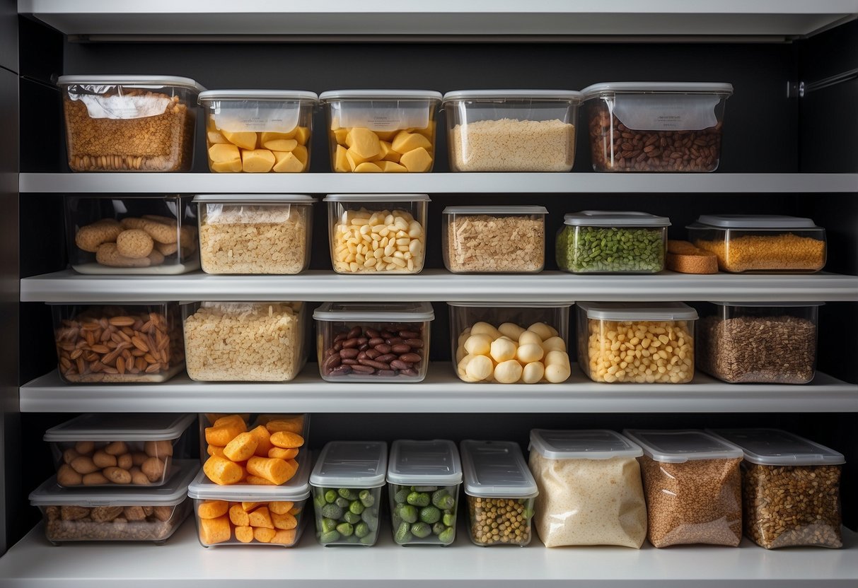 Various vacuum-sealed bags filled with different types of food, neatly organized on shelves with labels, in a clean and well-lit pantry