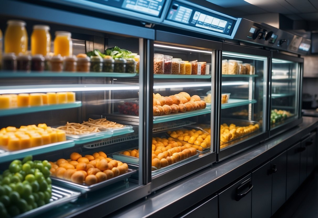 A brightly lit kitchen with open refrigerated coolers filled with neatly organized food items. Shelves are labeled for easy identification. Temperature gauges display optimal conditions