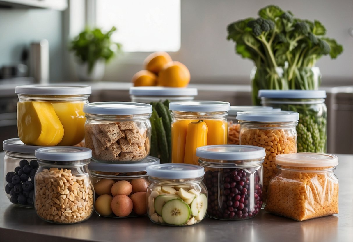 A kitchen counter with various food items, such as fruits, vegetables, and snacks, stored in resealable silicon bags. The bags are neatly organized and labeled, with a focus on the different ways to store food