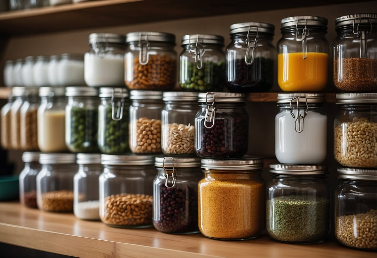 Various containers neatly organized on a kitchen counter, including glass jars, plastic Tupperware, and metal canisters. Labels and lids are visible, with some containers stacked and others side by side