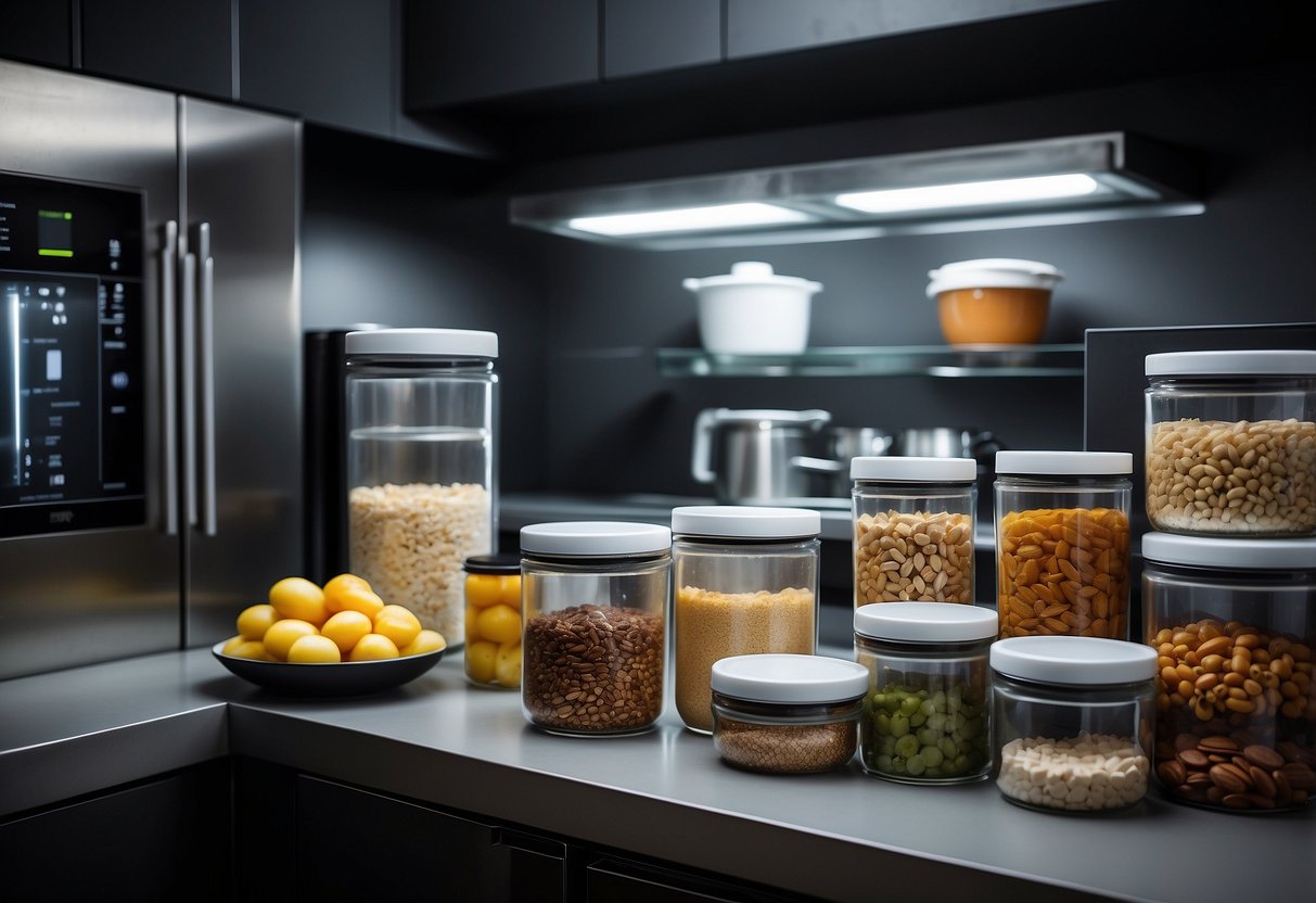 A pantry with sealed containers, a dark cupboard, a refrigerator, airtight bags, and a vacuum sealer on a countertop