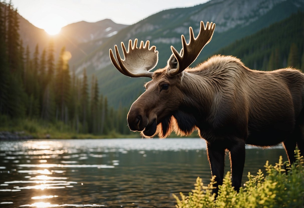 Lush forests, rugged mountains, and pristine lakes line the scenic routes of Canada's nature photography. A moose drinks from a tranquil river as the sun sets behind snow-capped peaks