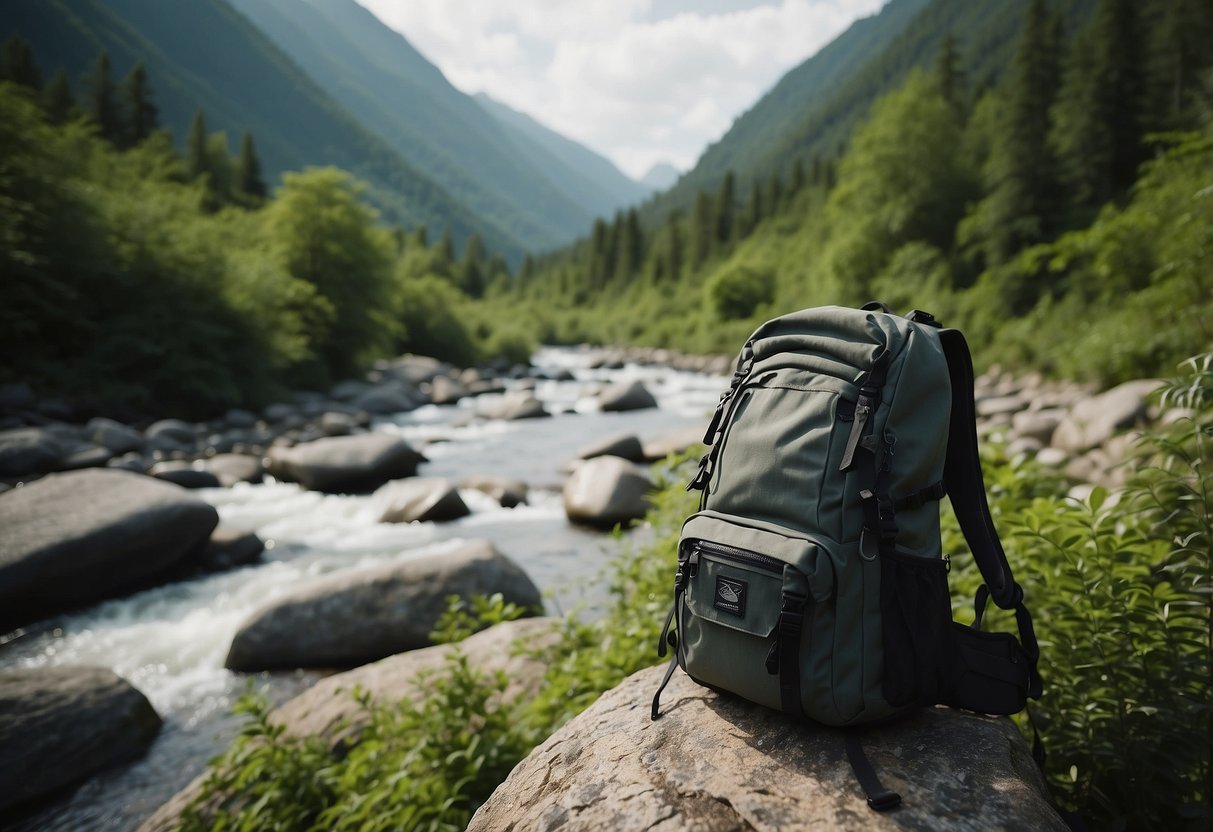 A camera, tripod, and backpack lay on a rocky trail, surrounded by lush greenery and a flowing river. In the distance, towering mountains frame the tranquil scene