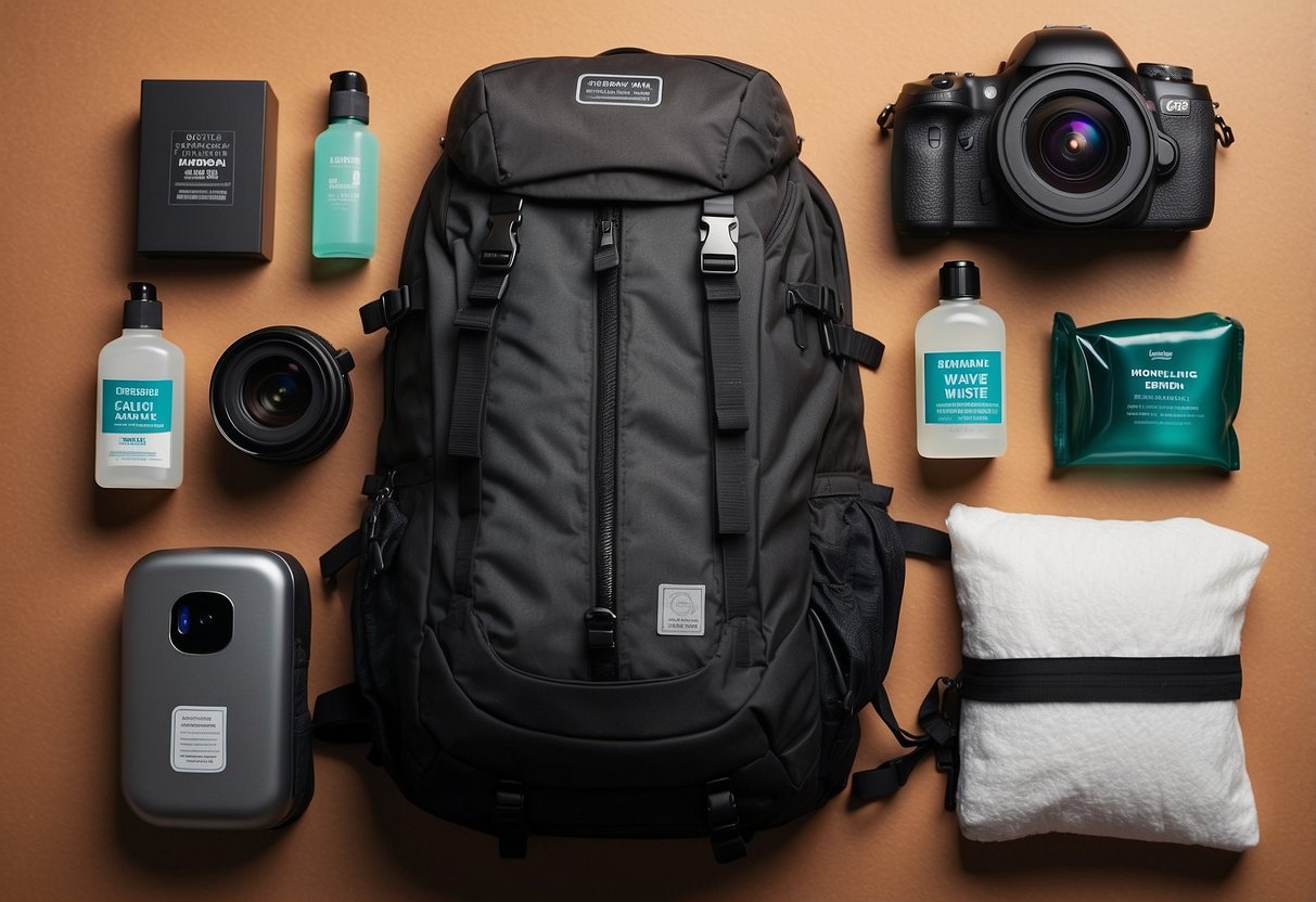 A photographer's backpack with neatly organized camera gear, a portable hand sanitizer, and a pack of cleansing wipes laid out on a clean, flat surface