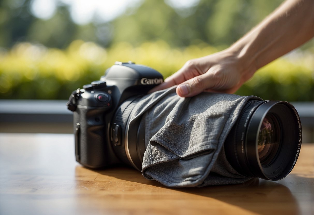 A hand reaches for a microfiber cloth near a camera bag. The cloth is neatly folded, and the bag is filled with photography equipment