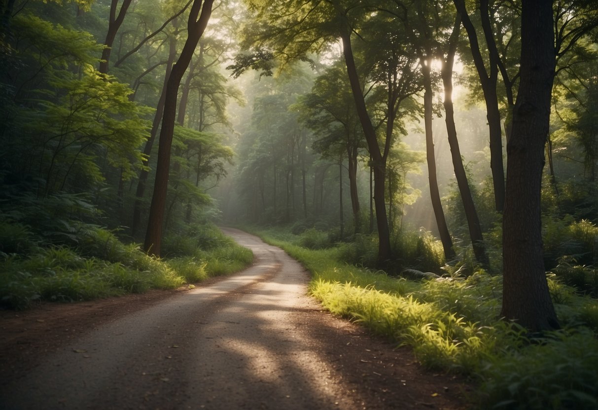 A clean, paved path winds through a lush, green forest, avoiding the dusty trails nearby