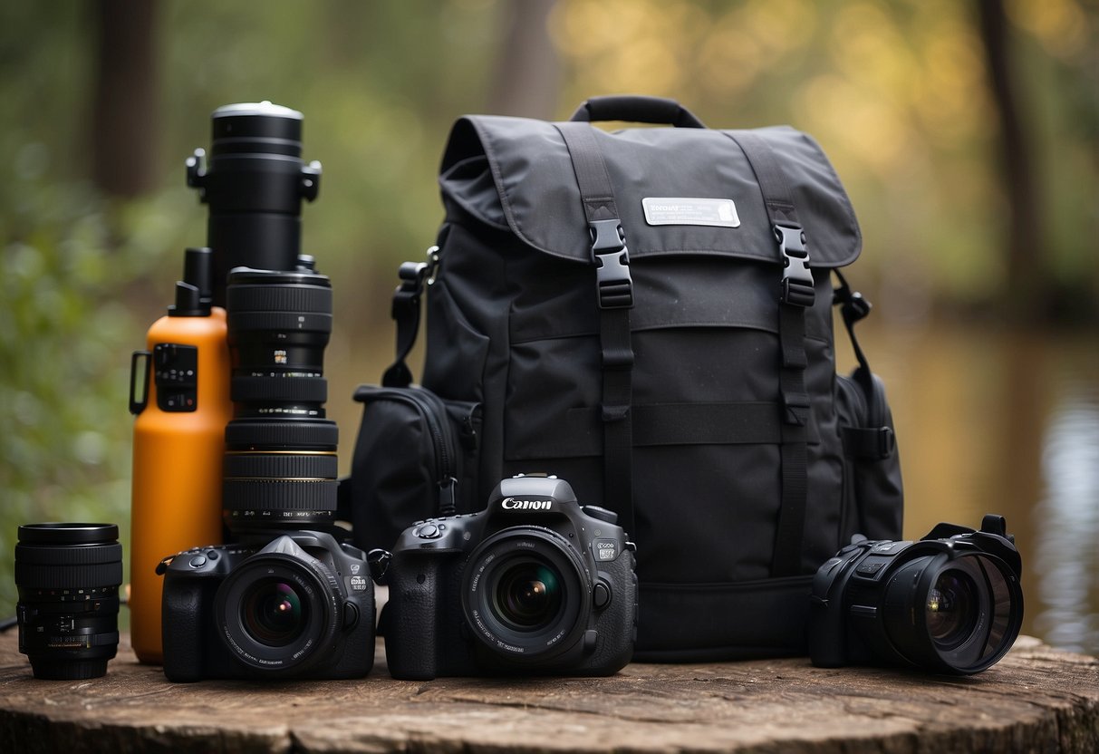 A dry bag sits beside a camera and photography gear, ready for use during a photography trip