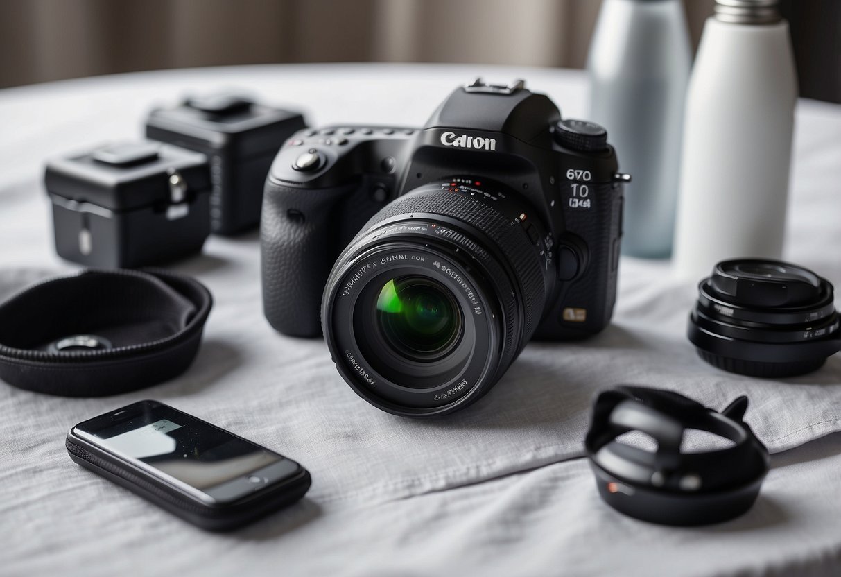 Camera gear laid out on a clean, white tablecloth. Hand sanitizer, wet wipes, and a small towel neatly arranged next to the equipment