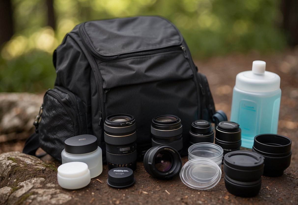 Camera gear organized in a backpack, lens caps secured, cleaning cloth tucked in. Trash bag for waste, hand sanitizer, and wet wipes ready for use