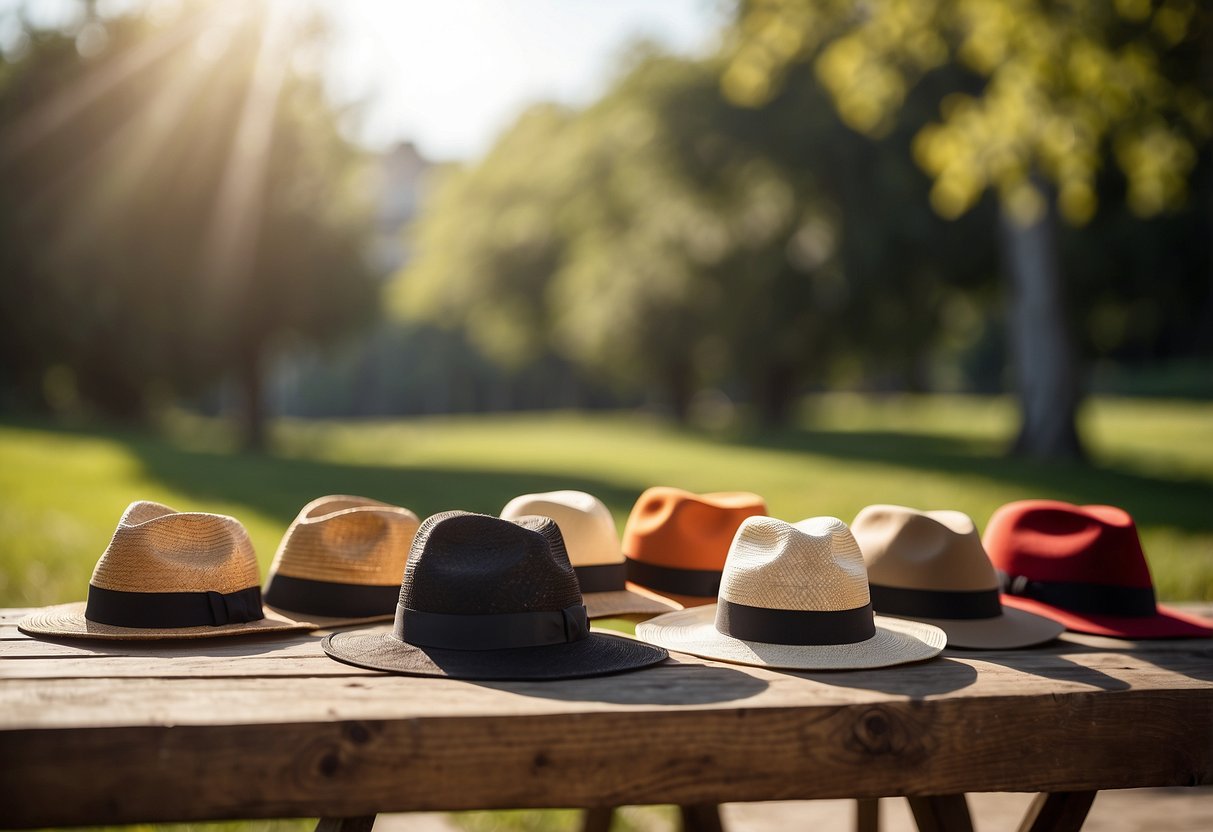 A sunny outdoor setting with 5 different hats arranged on a table, each hat designed for sun protection. Bright sunlight and clear skies