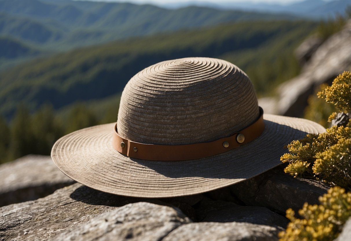 A wide-brimmed Fjallraven Abisko Sun Hat sits on a rocky ledge, casting a shadow in the bright sunlight. A camera and lens are positioned nearby, capturing the hat's lightweight design for sun protection