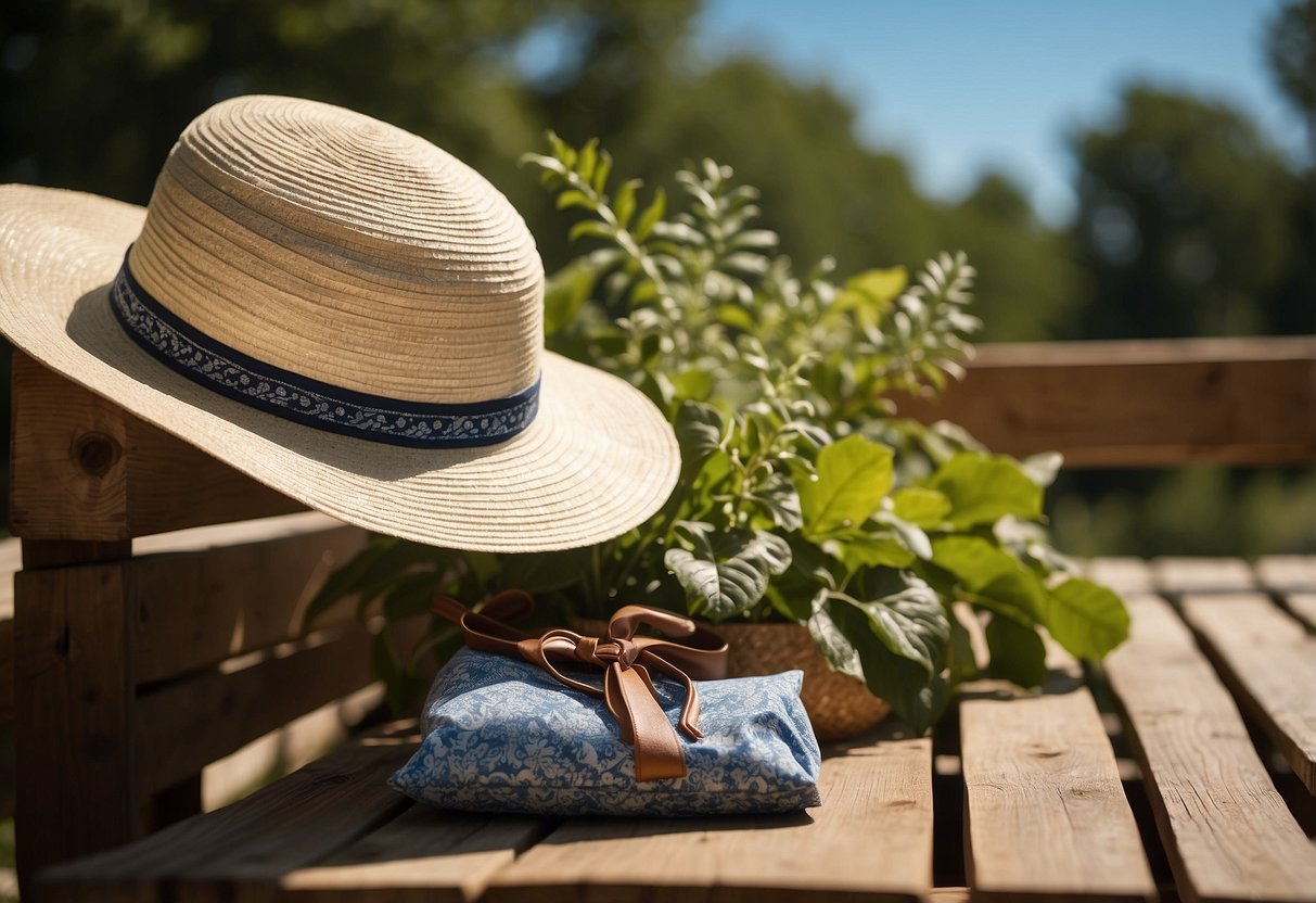 A sun hat sits on a wooden bench in a sunny outdoor setting, surrounded by greenery and blue skies