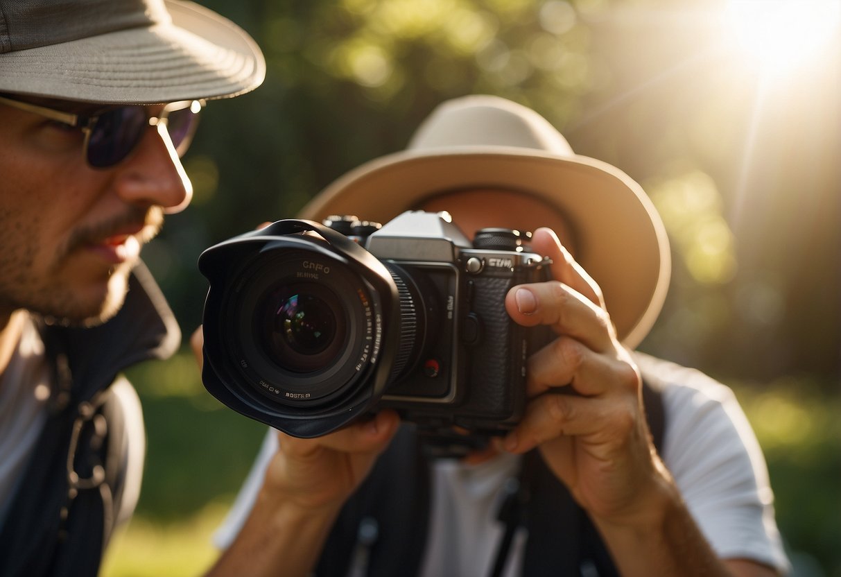 A photographer wearing a lightweight hat, shielding their camera from the sun. A sunbeam illuminates the scene, emphasizing the importance of sun protection for photographers