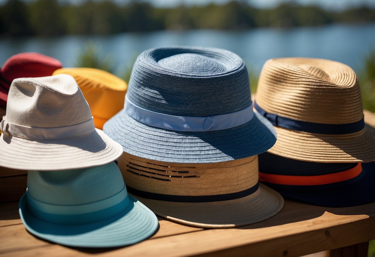 A sunny outdoor setting with a clear blue sky, featuring a variety of lightweight photography hats displayed on a table or hanging on a stand