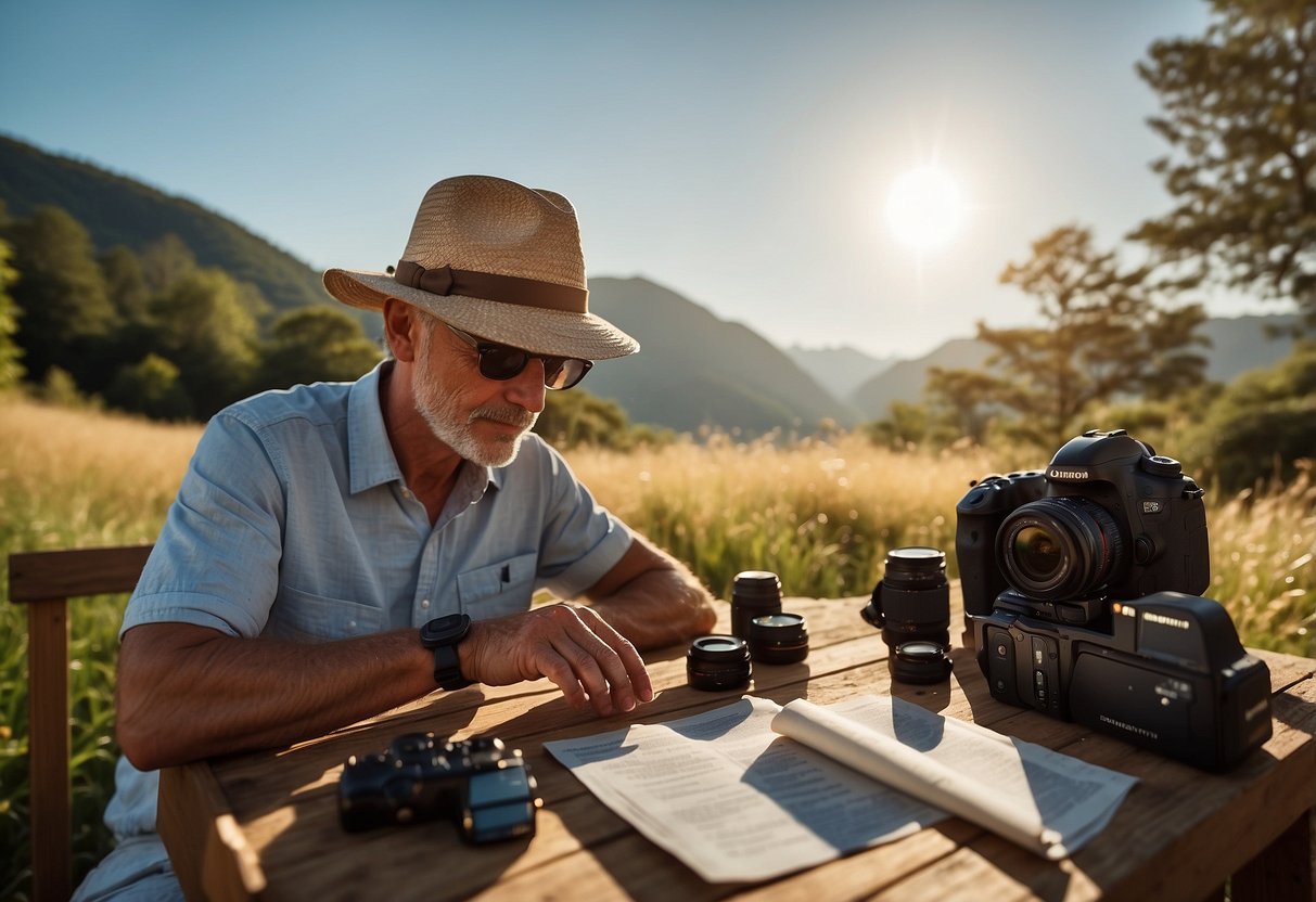 A sunny outdoor scene with a photographer wearing a lightweight hat for sun protection, surrounded by photography equipment and a checklist of sun safety tips