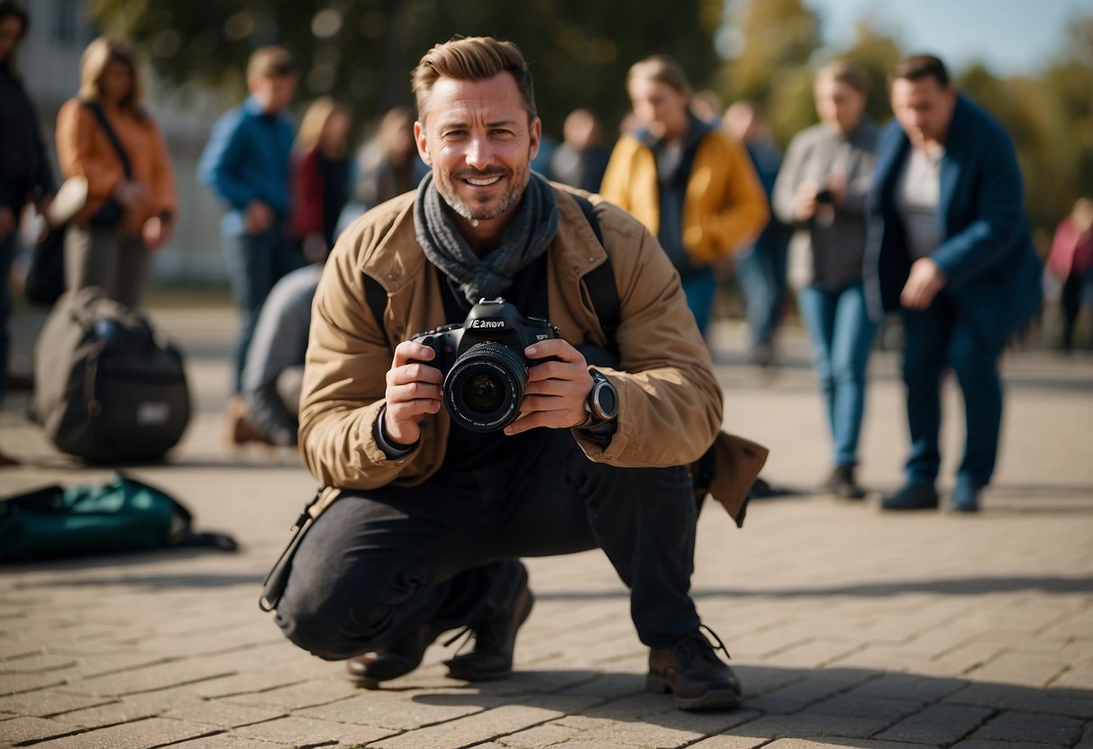 A photographer with a camera around their neck, kneeling on the ground, calmly directing bystanders to move away from the emergency scene