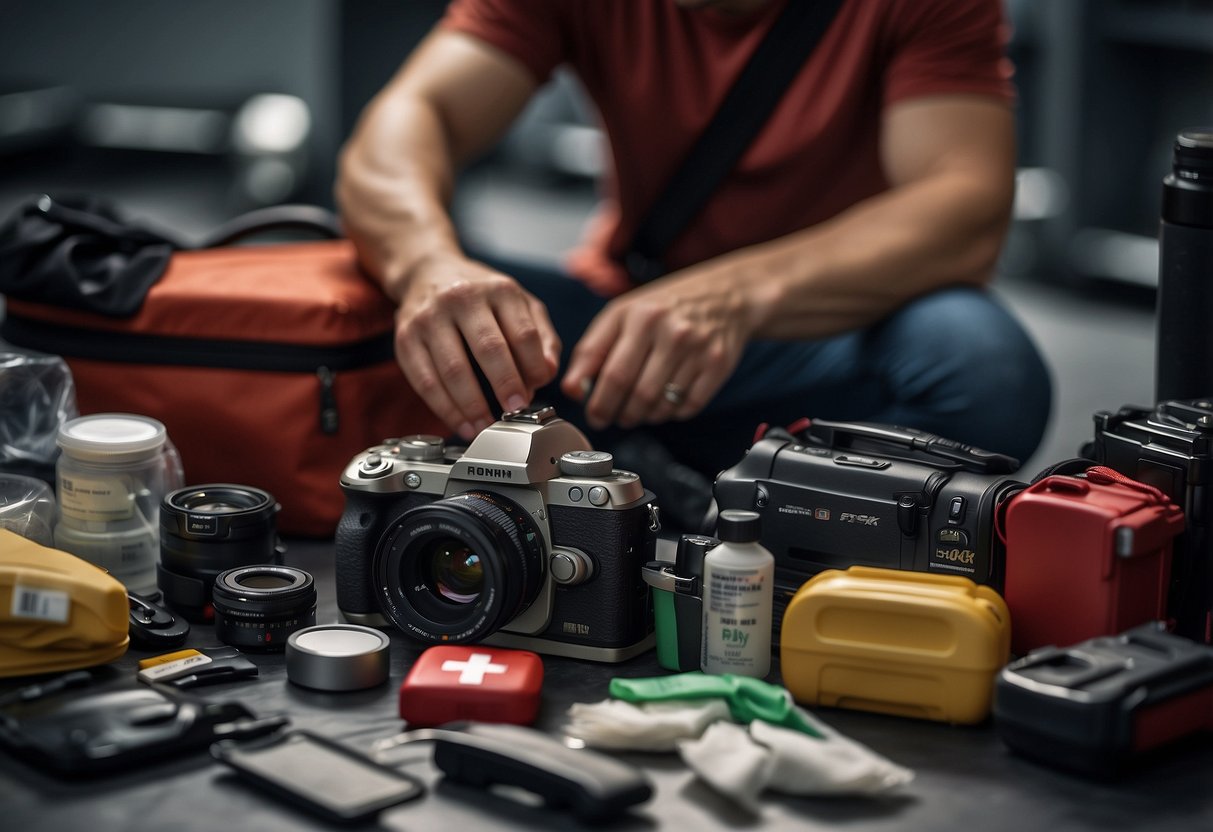 A photographer reaches for a First Aid Kit amidst a chaotic scene of camera gear and emergency supplies