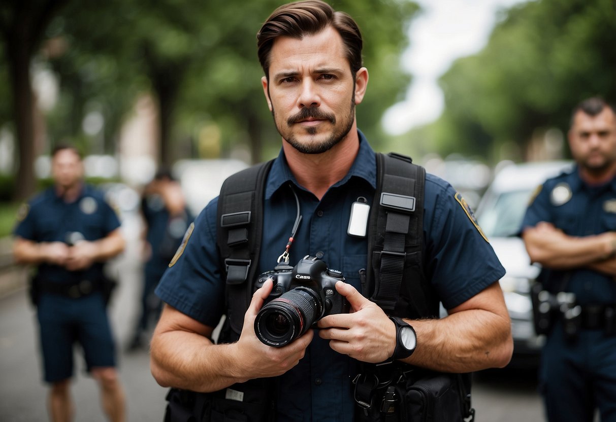 A photographer holds a camera while surrounded by various emergency contacts, including a list, a phone, and a first aid kit. The photographer is prepared to handle any emergency situation while working