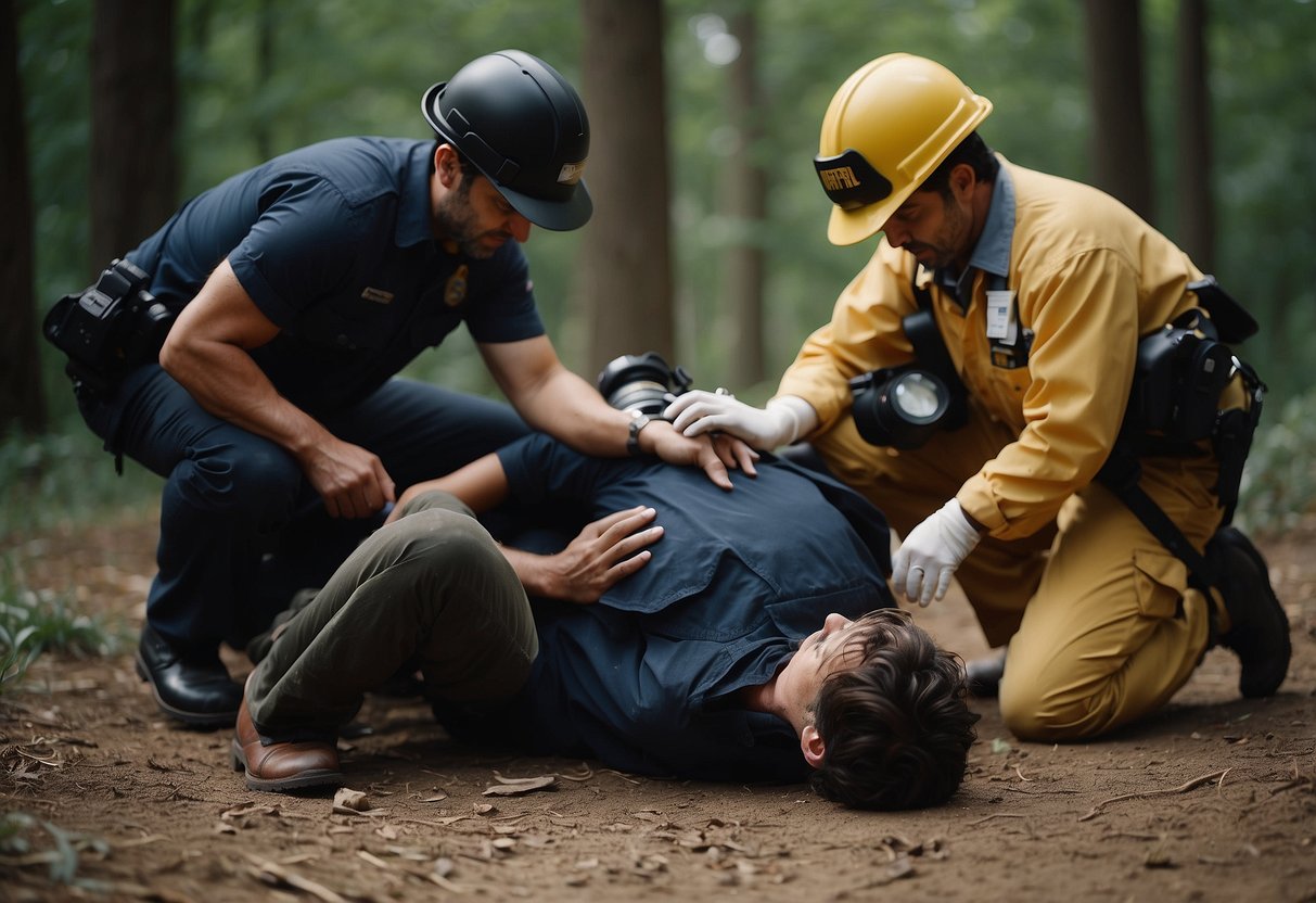 A photographer interrupts a shoot to perform CPR on a collapsed subject, while others call for help and clear the area