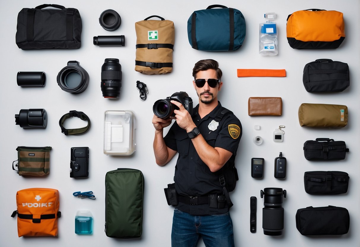 A photographer holds a camera while standing in a defensive stance. They are surrounded by various emergency items such as a first aid kit, flashlight, and whistle