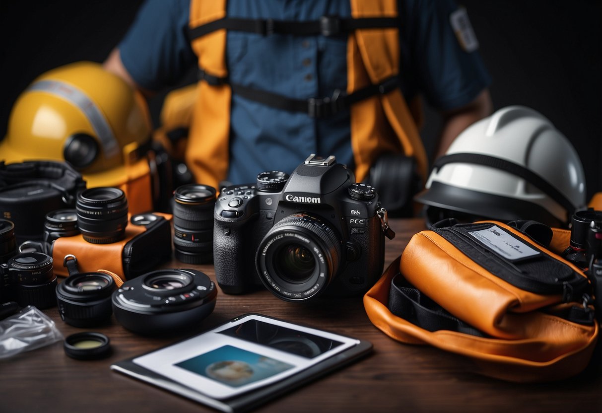 A photographer with a camera and emergency kit, surrounded by various emergency communication devices and a clear plan of action