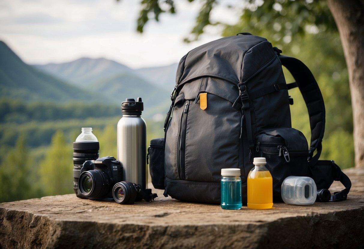 A photographer's backpack with water bottle and snacks, surrounded by emergency supplies and a camera, set against a natural outdoor backdrop