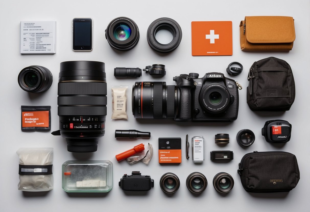 Photographer's camera and equipment laid out on a table, surrounded by emergency kits, first aid supplies, and a list of 10 protocols