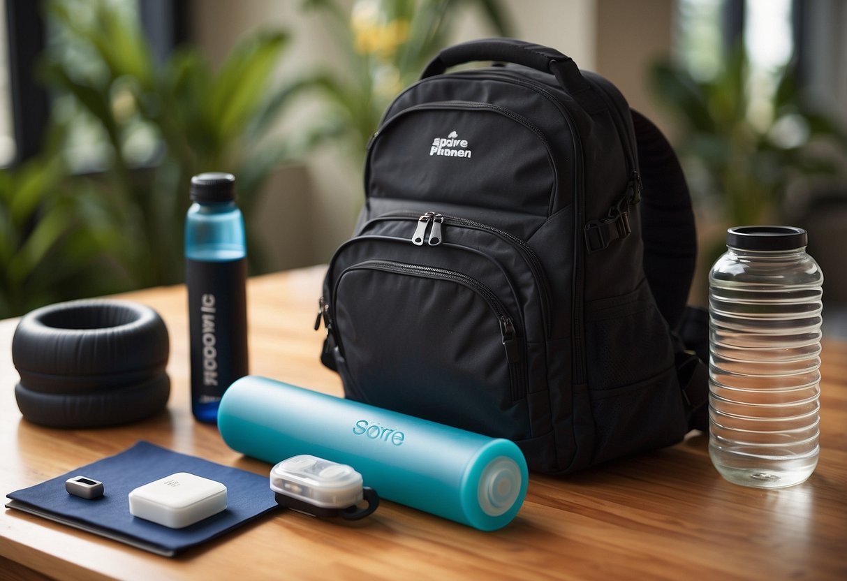 A photographer's bag sits on a table, surrounded by a foam roller, heating pad, and water bottle. A notebook with "Sore Muscle Tips" written on it lies open nearby