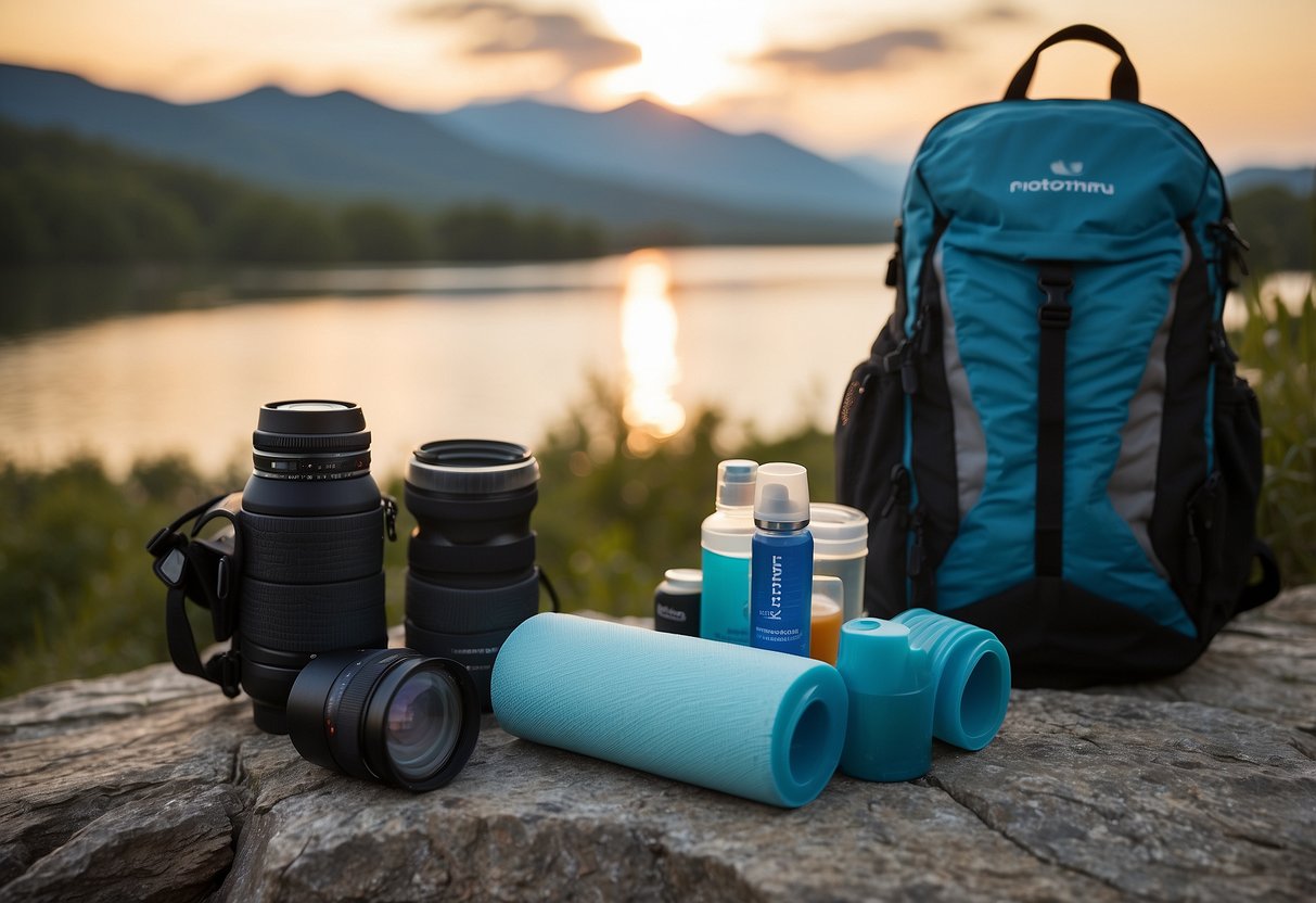 A camera bag sits beside a water bottle and a foam roller, surrounded by scenic photographs. A notebook with "Stay Hydrated 7 Tips for Managing Sore Muscles After Photography Trips" written on the cover is open nearby