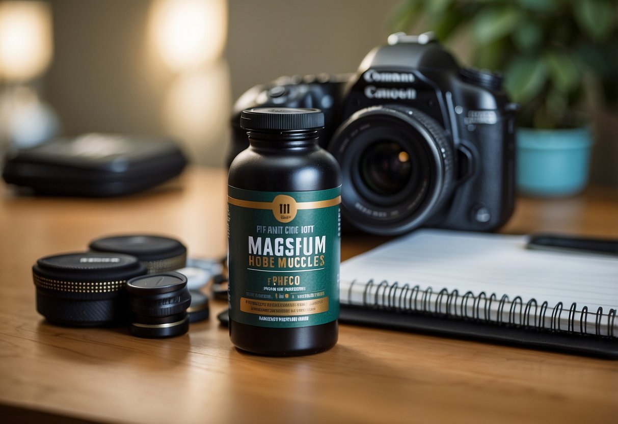 A bottle of magnesium supplements sits next to a camera bag. A notebook with "7 Tips for Managing Sore Muscles After Photography Trips" is open nearby