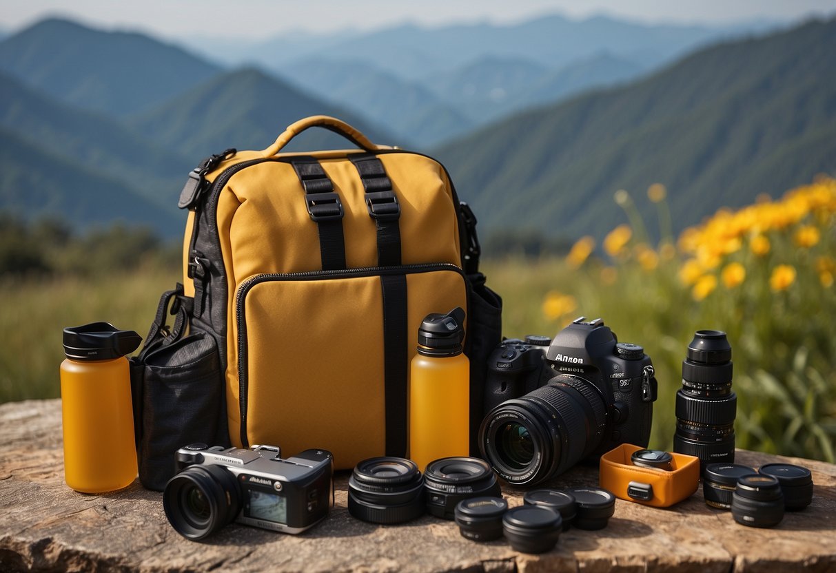 A photographer's bag open, with Arnica Gel visible, surrounded by camera gear and a scenic backdrop