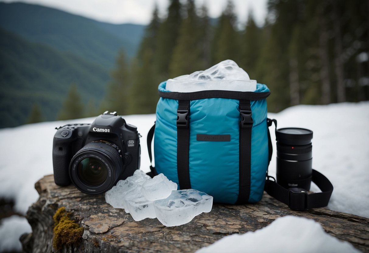 Ice packs placed on camera equipment and photography gear. Tips for sore muscles displayed nearby. Outdoor scenery in the background